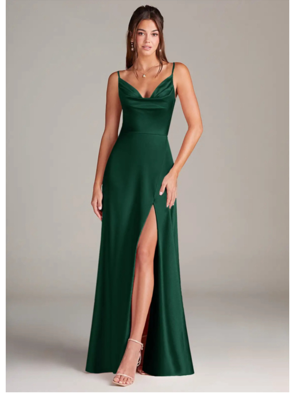 Azazie Dark Green Cowl Neck Wedding Guest Satin Dress With Cowl Neckline